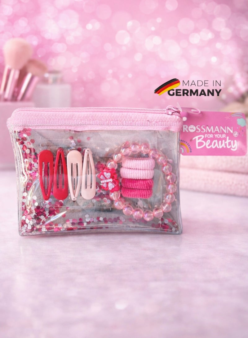 ROSSMANN German Brand, Sparkling Hair Jewelry Glitter Set Pink – 9 Pieces with Storage Bag, Hair Tie Set, as a gift for occasion, 9-Piece Girl Exquisite Headdress. - Image 1